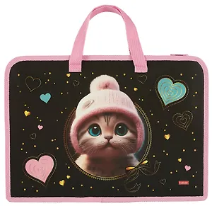 Папка для тетрадей А4 "Котенок в шапочке" 34*24,5*3,5см, пластик, молния, текст.ручки