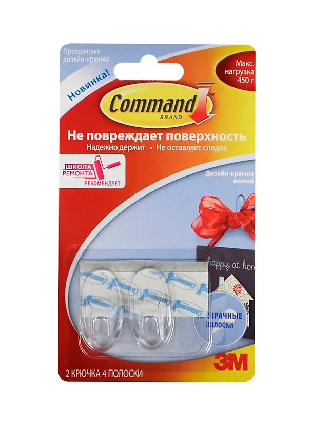 Крючок клейкий легкоудаляемый прозрачный малый, Command 3M, 2 штуки 234619 — 1