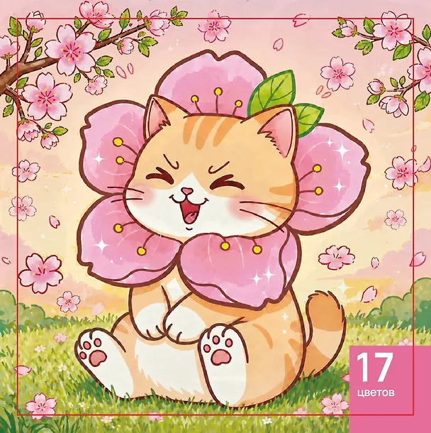 Картина по номерам на холсте с подрамником "Котик и сакура", 20х20см, Art idea, 14+ 3166336 — 1