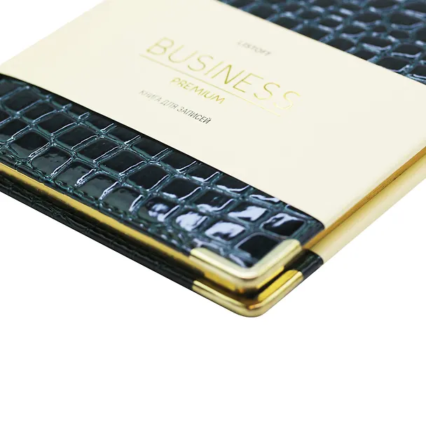 Книга для записей А4 100л кл. "BUSINESS PREMIUM. Iguana (изумрудный)" иск.кожа, поролон, мет.уголки, тонир.блок. зол.торец, 2 ляссе, инд.уп. 2947839 — 4