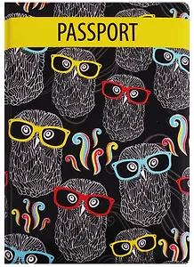 Обложка для паспорта Совы в очках на черном фоне (ПВХ бокс) (9х13 см)