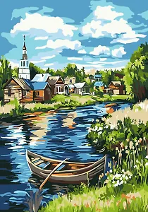 Картина-раскраска по номерам. Летняя деревушка на реке 2