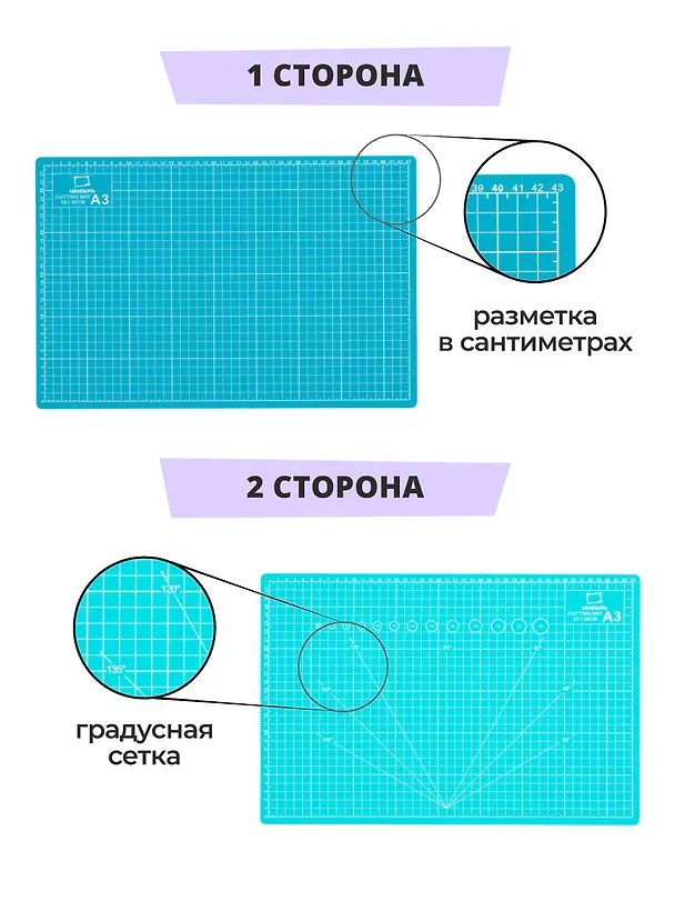 Коврик для резки А3 защитный, трехслойный, бирюзовый, Малевичъ 3117157 — 3