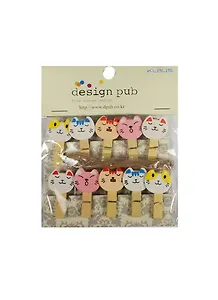 Прищепки декор. деревянные с веревкой Коты-морды (3,5см) (10шт) (упаковка)