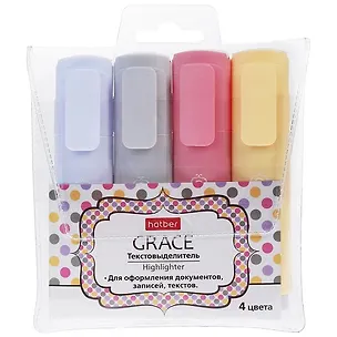 Текстовыделители 04цв "Grace" ПВХ, подвес, Hatber 3119301