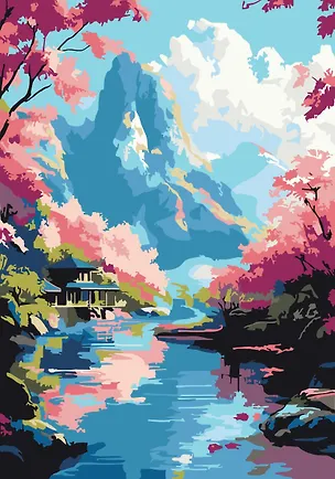 Картина-раскраска по номерам. Горная речка и цветущая сакура 3092269