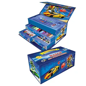 Набор для дет.творч. 54 предмета "Роботы&Авто" (фломастеры 12цв, карандаши 12цв, краски 12цв, палитра, кисть, клей, ластик, точилка), к/к, инд.уп., Unnika