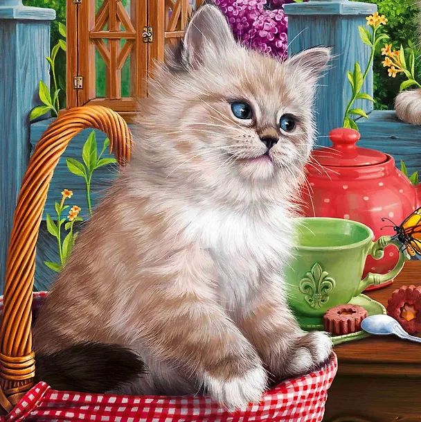 Алмазная мозаика "Котик в корзине", 20 х 20 см, 28 цветов, Рыжий Кот 2770720 — 1