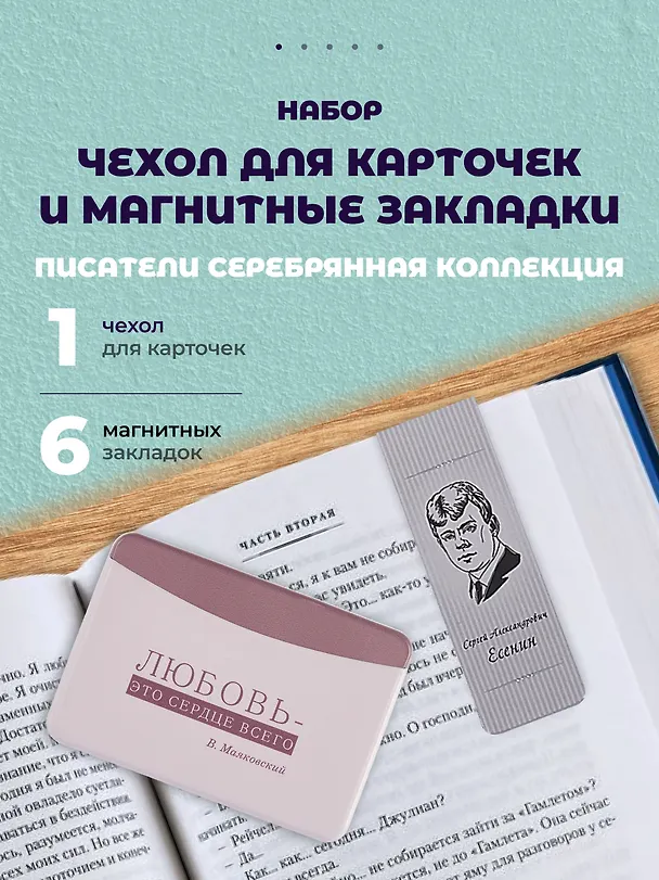 Набор чехол для карточек и магнитные закладки «Писатели. Серебряная коллекция» 3093354 — 1