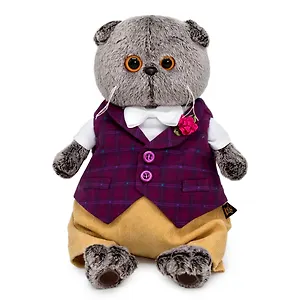 Мягкая игрушка Басик в бордовом жилете с розочкой (19 см)