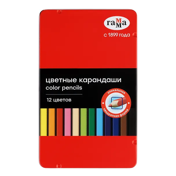 Карандаши цветные 12 цветов, квадратные, заточенные., в металлическом пенале, Гамма 3166629 — 2