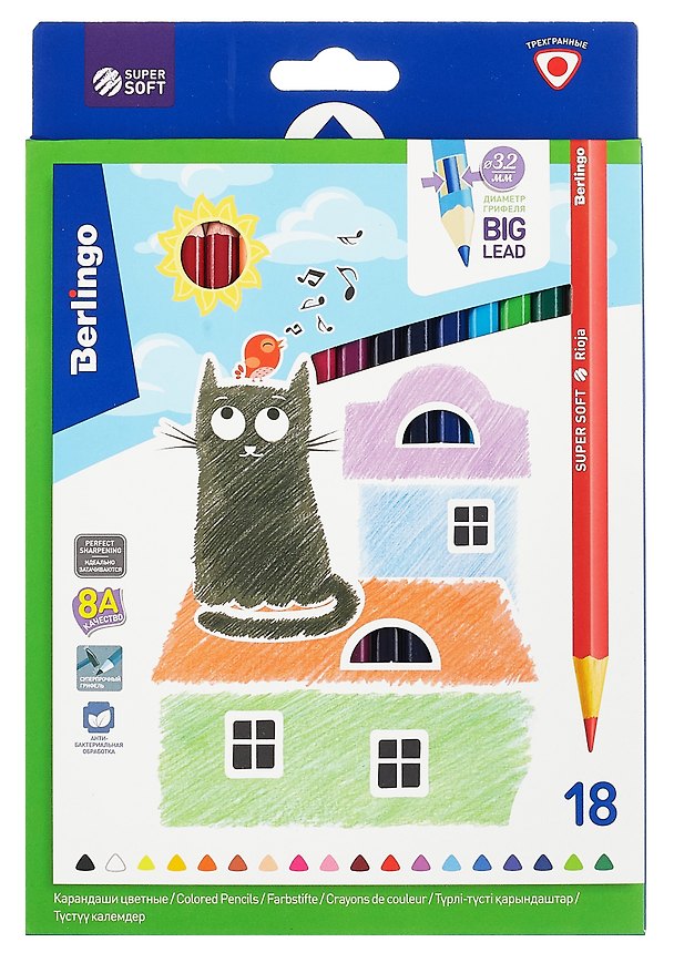 Карандаши цветные «SuperSoft. Жил-бы листов кот», Berlingo, 18 цветов 3098695 — 1