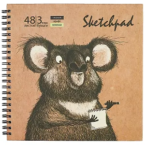 Скетчбук 195*195 48л "Коала и енот" бел. черная, зеленая, крафт. бумага 120 г/м2, 80 г/м2, карт.обл., гребень
