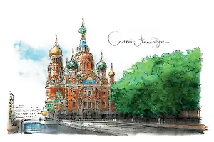 Открытка 10*15см тушь СПб Храм Спаса на Крови О/010/021