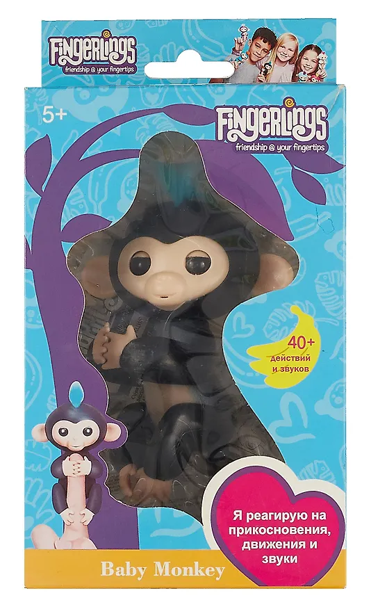 Интерактивная игрушка Ручная обезьянка Fingerlings Финн (чёрная) 12см 341858 — 1