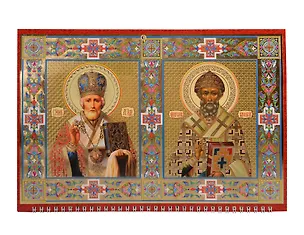 Календарь квартальный 2026г 320*760 «Иконы свт. Николая Чудотворца и свт. Спиридона Тримифунтского» настенный, трёхблочный, спираль, тиснение фольгой 3108746