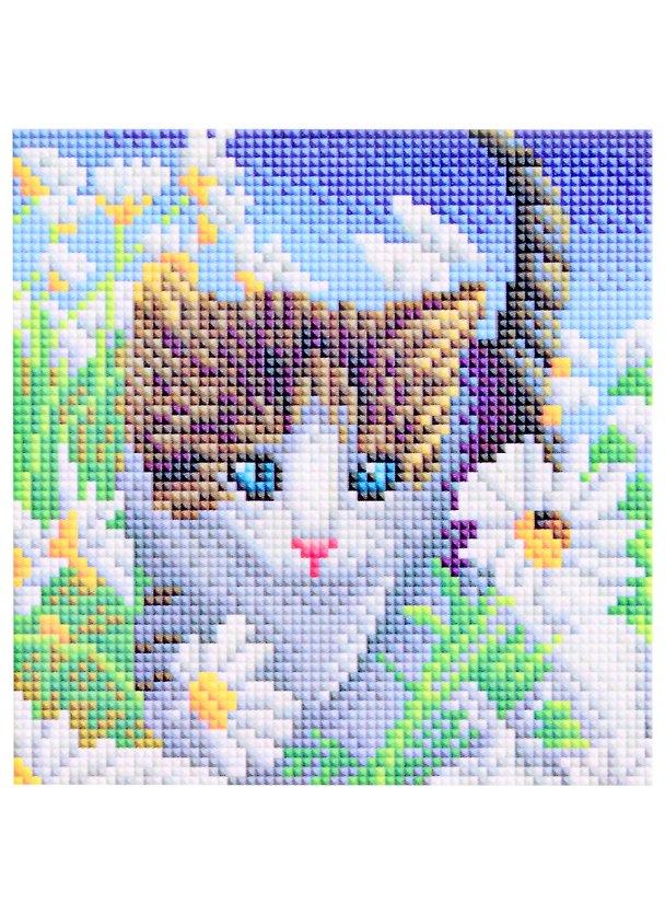 Алмазная мозаика Котенок в ромашках (AS20016) (20х20см) (c подр.) (с полн. заполн.) (блест.) (29цв.) (Рыжий Кот) (6+) (коробка) 2842692 — 1