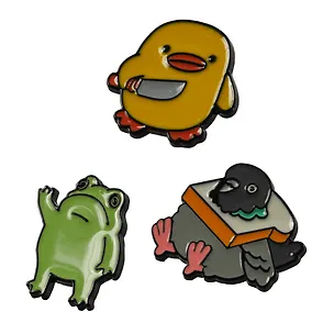 Набор металлических значков (3шт.) (Значок Лягушка Значок Уточка с ножом Значок Голубь с хлебом) (металл) (упаковка) 3082536