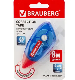 Корректор лента 5мм*8м корпус синий, механизм перемотки, блистер, BRAUBERG 2937189