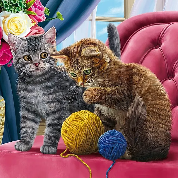 Алмазная мозаика "Играющие с клубками котята", 20 х 20 см, 25 цветов, Рыжий Кот (6+) 2842704 — 2