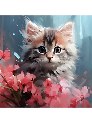 Холст с красками по номерам "Малыши. Котёнок в цветах", 30 х 30 см 3113009