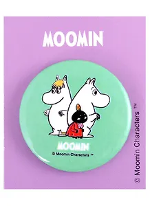 Значок круглый MOOMIN Муми-тролль и Снусмумрик с малышкой Мю (мятный) (металл) (38мм)