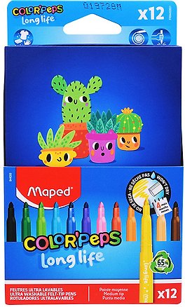 Фломастеры 12цв "COLOR'PEPS LONG LIFE", суперсмываемые, картонный пенал, блист., Maped 3156888