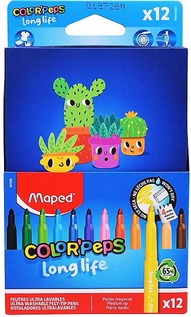 Фломастеры 12цв "COLOR'PEPS LONG LIFE", суперсмываемые, картонный пенал, блист., Maped 3156888 — 1