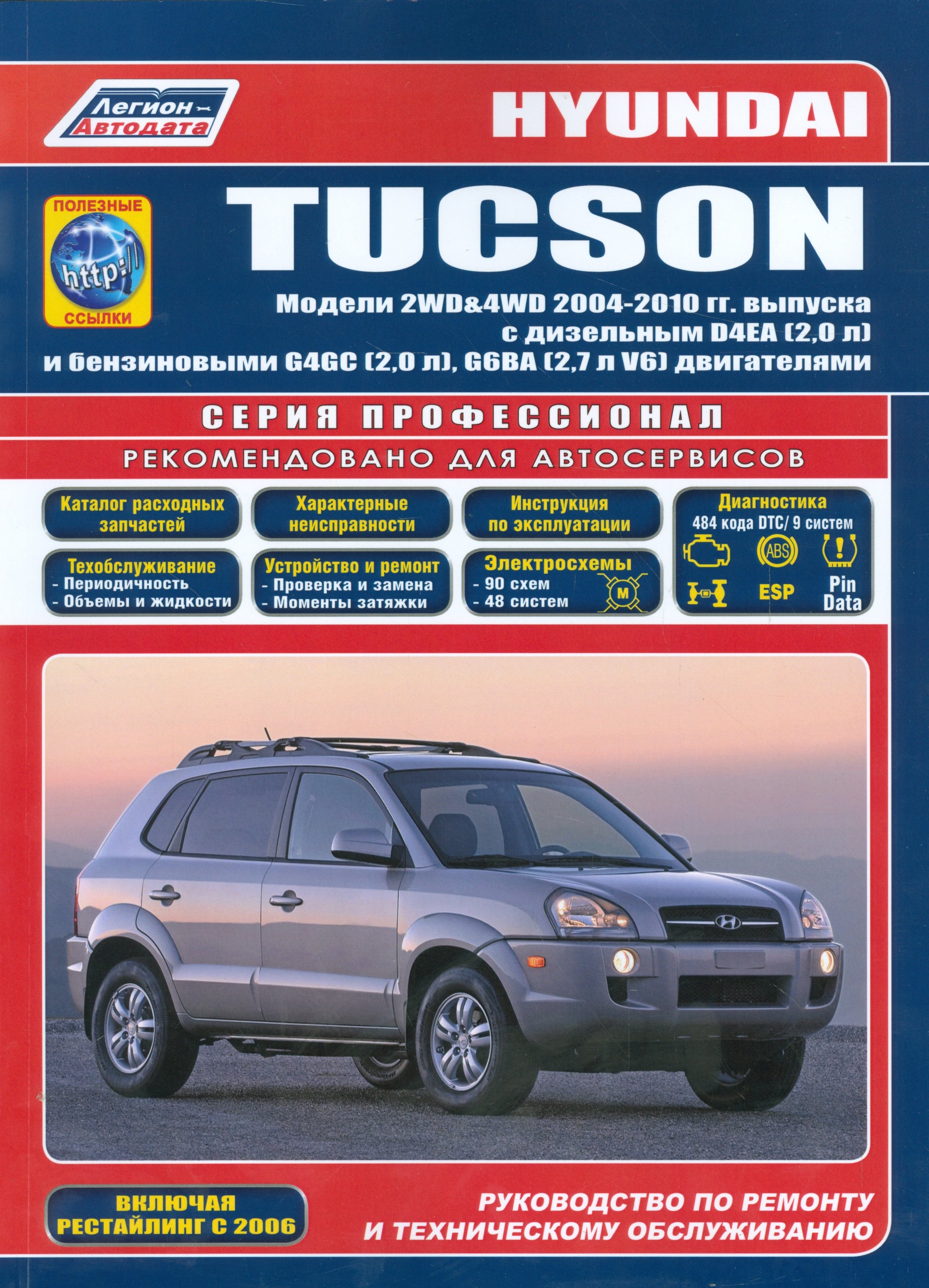 

Hyundai Tucson. Модели 2WD&4WD 2004-2010 гг. выпуска с дизельным D4EA (2,0 л.) и бензиновыми G4GC (2,5 л.), G6BA (2,7 л. V6) двигателями. Руководство по ремонту и техническому обслуживанию (+ полезные ссылки)