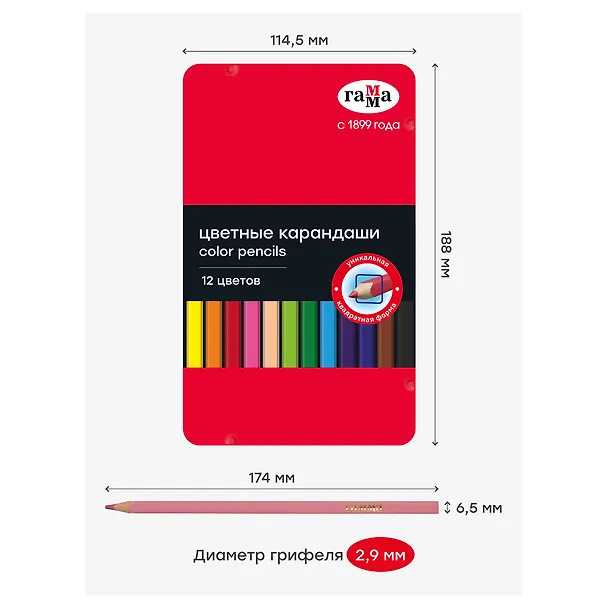 Карандаши цветные 12 цветов, квадратные, заточенные., в металлическом пенале, Гамма 3166629 — 4