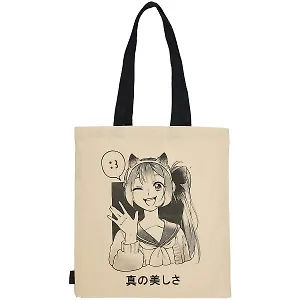 Сумка-шоппер Аниме Девушка с ушками ,Сёдзё, бежевая, текстиль 40см.*32см.