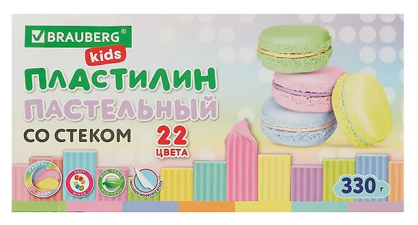Пластилин 22цв 330гр "BRAUBERG KIDS" пастельный, к/к, стек, Луч 3038156 — 1