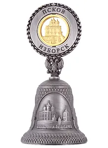 Колокольчик 3-вида рельефная вставка фигурная (цвет золото) "Псков. Свято-Троицкий собор" цвет античное олово