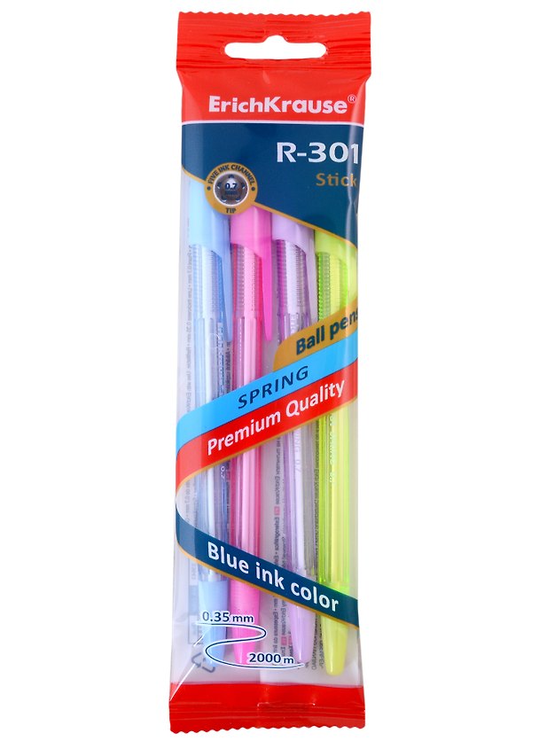 Ручки шариковые Erich Krause, R-301 Spring Stick, синие 0,7 мм 4 штуки 2928633 — 1