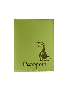 Обложка для паспорта нат.кожа, салатовая, зол.тиснение Кошка, тип 2